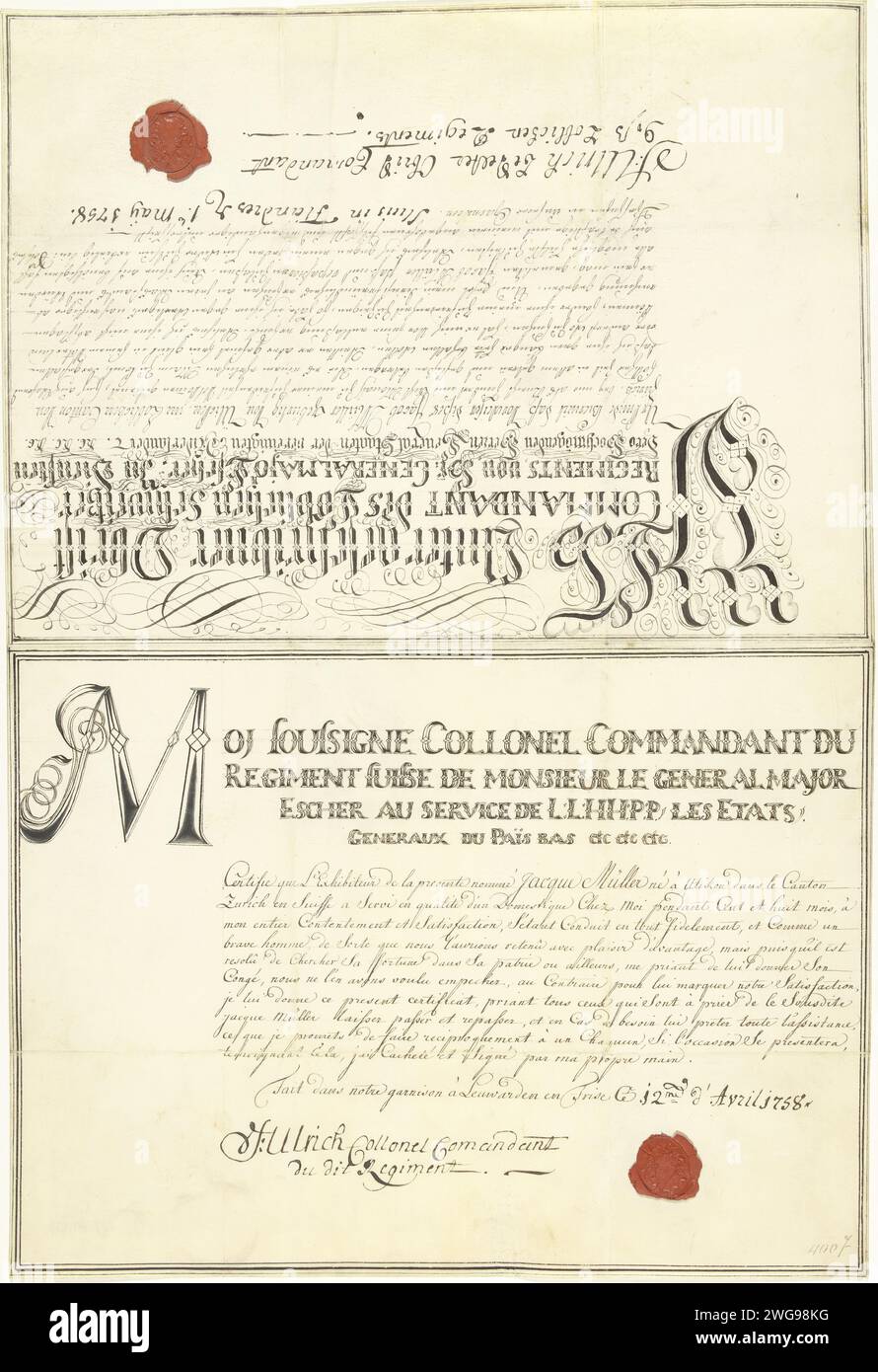 Deux lettres de libre-conduite pour un supérieur suisse dans le service de l'Etat, 1758, 1758 calligraphie. Document feuille avec une lettre allemande et une lettre française de Free -guidé sur les deux moitiés pour un supérieur suisse Jacque / Jacob Müller dans un service d'État à Sluis en Flandre daté mai 1 et à Leeuwarden 12 avril 1758. Documents manuscrits avec des initiales calligraphiques, les deux avec un sceau de cire. Parchemin néerlandais (matériel animal). Calligraphie de cire de cachetage calligraphie Leeuwarden. Serrure Banque D'Images