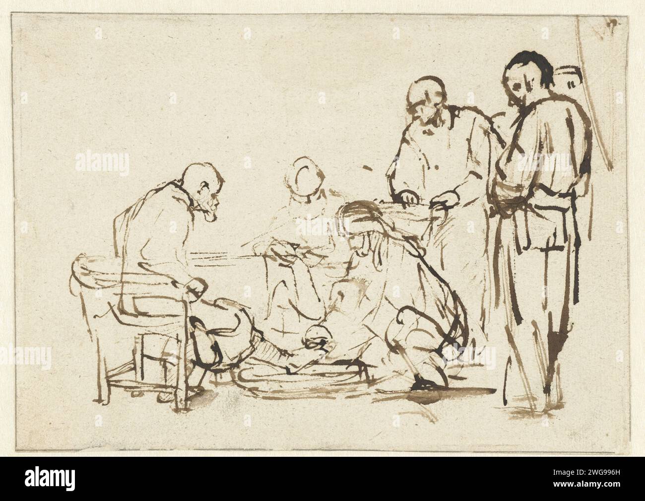 Christ lavant les pieds des disciples, Rembrandt van Rijn, c. 1640 - c. 1650 dessinant le papier wash Amsterdam. Stylo à encre Christ lave les pieds de Pierre Banque D'Images