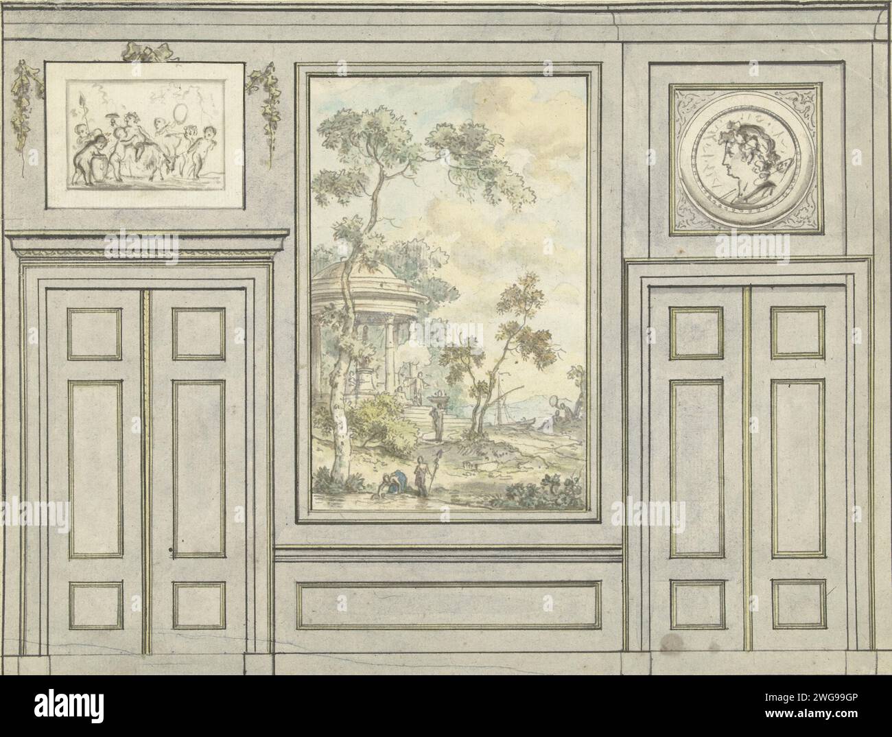 Design pour mur de chambre, Jurriaan Andriessen, c. 1752 - c. 1819 papier à dessin. aquarelle (peinture). encre. stylo / brosse graphite (minéral) Banque D'Images