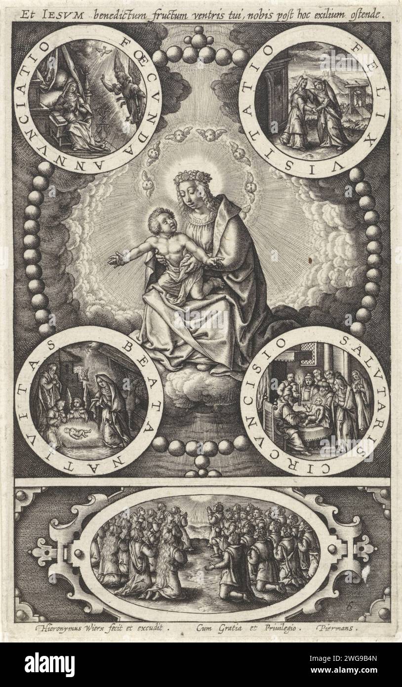 Maria avec l'enfant Christ sur leurs genoux, Hieronymus Wierix, 1611 - avant 1619 imprimer Maria est assise sur les nuages avec l'enfant Christ. Autour de sa tête cherubin. Le spectacle est pris dans un cadre de perles. Dans chaque coin un médaillon avec des scènes de la vie de Marie : l'annonce, la visitation, la naissance du Christ et la circoncision du Christ. Dans le cartouche au fond des croyants qui prient Maria. L'impression a un haut en latin. Anvers gravure sur papier Marie (debout) avec le Christ-enfant devant elle (debout ou appuyé contre elle) ; Christ-enfant assis. Mary Devotion. le Banque D'Images