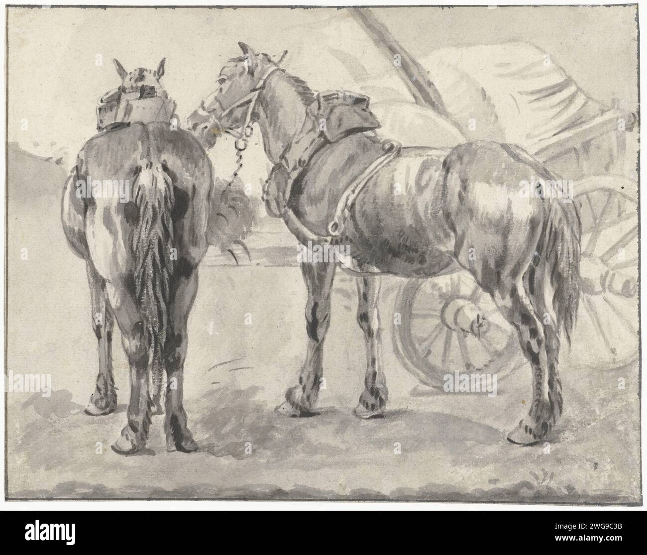 Deux chevaux attelés à une charrette, Pieter van Bloemen, 1667 - 1720 dessin brosse à papier traction animale, véhicule tiré par des animaux (chariot, etc.). cheval Banque D'Images