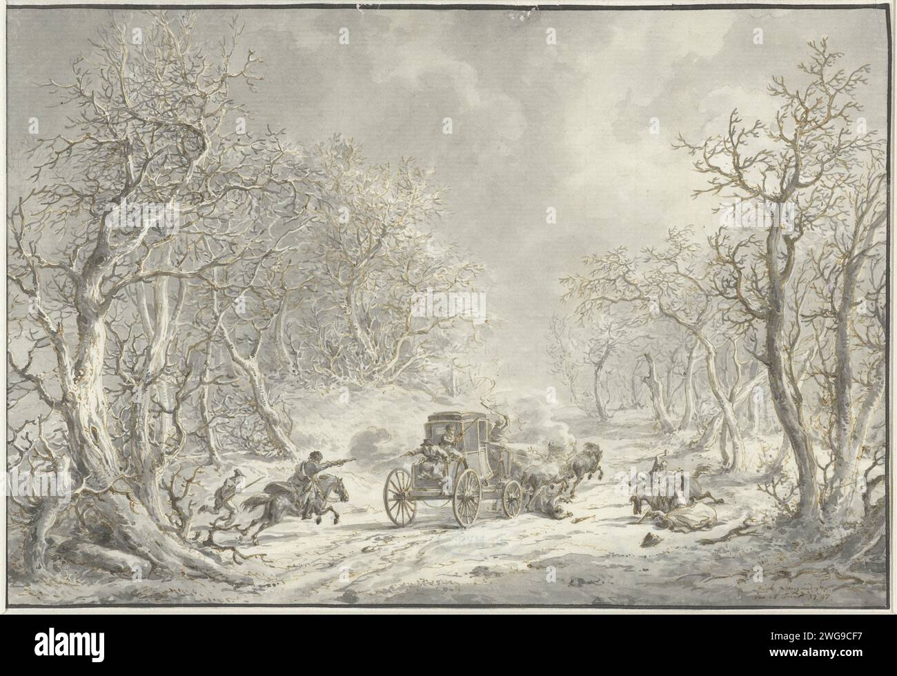 Vol sur une voiture de voyage par Struikrovers, Dirk Langendijk, 1797 papier à dessin. voyageur(s) stylo à encre / brosse attaqué(s) par un(des) voleur(s) Banque D'Images