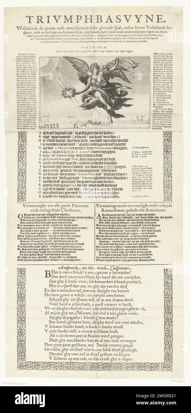 Allégorie sur la découverte de la conspiration contre Maurits, 1623, 1623 imprimer allégorie sur la découverte de la conspiration contre Maurits, 1623. Faam dans les airs avec couronne de Laurier et trompette volant au-dessus du pays dans lequel Delft, Rijswijk et la Haye sont indiqués. Description des événements de chaque côté de l'impression. Sur un magazine combiné avec différents textes, versets et exhortations. Nord des pays-Bas gravure sur papier / impression typographique (révolutionnaire) parcelle, conspiration. Faim ; 'Fama', 'Good Fame', 'Chiara Fame' (Ripa) Banque D'Images