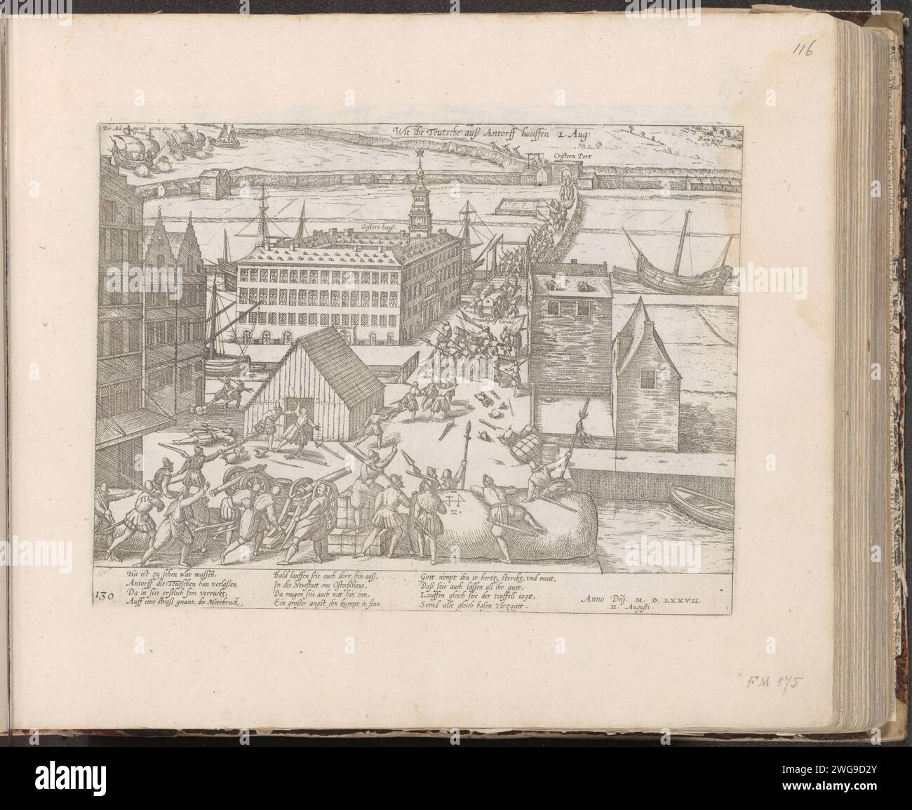 Les troupes allemandes abandonnent Anvers, 1577, 1581 - c. 1585 imprimer les troupes allemandes se retirent d'Anvers à la Nieuwstad et à l'Oostershuis, le 2 août 1577. En arrière-plan à droite les Allemands quittent la ville, à gauche à l'horizon les navires de la flotte du prince. Avec légende de 12 lignes en allemand. Nummered en bas à gauche : 130. L'impression fait partie d'un album. Eau-forte sur papier de Cologne Citadelle d'Anvers (16e siècle). Nieuwstad. Eastern House Banque D'Images