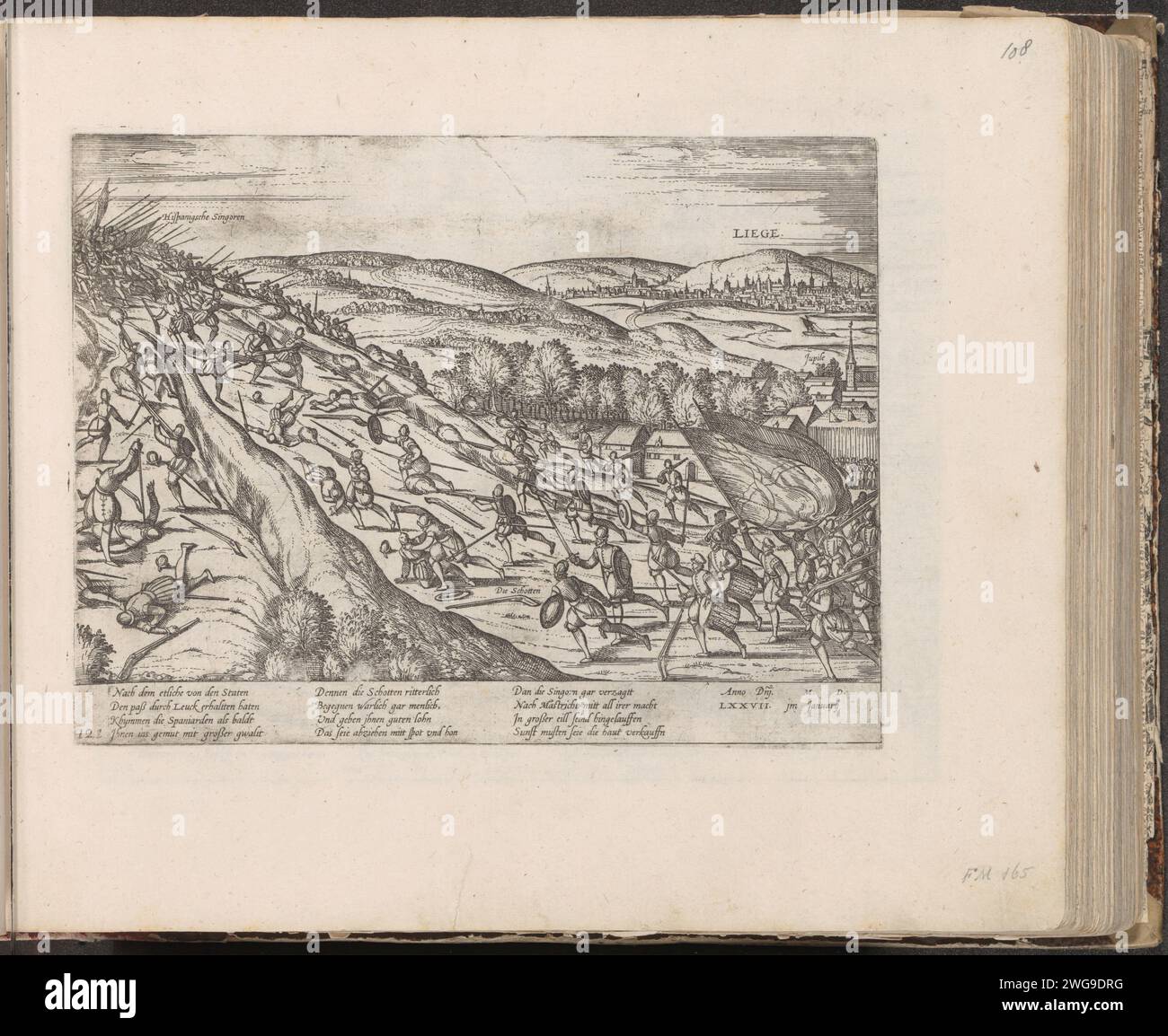 Les Espagnols vaincus à Liège, 1577, 1577 - c. 1579 imprimer les Espagnols vaincus et chassés lors d'une bataille à Liège, en janvier 1577. Avec légende de 12 lignes en allemand. Numéroté en bas à gauche : 121. L'impression fait partie d'un album. Bataille de gravure sur papier Cologne (+ forces terrestres) Liège Banque D'Images