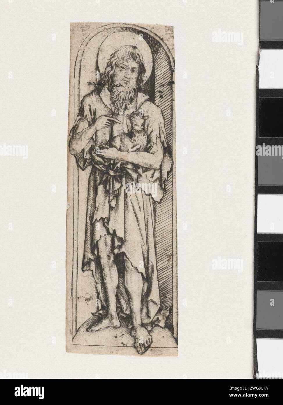 Johannes de Boper, maître du cabinet d'Amsterdam, 1485 - 1490 estampe Jean le Baptiste avec de l'agneau sur le bras, debout dans la niche. Allemagne papier point sec Jean le Baptiste ; attributs possibles : livre, croix de roseau, coupe baptismale, nid d'abeille, agneau, personnel Banque D'Images