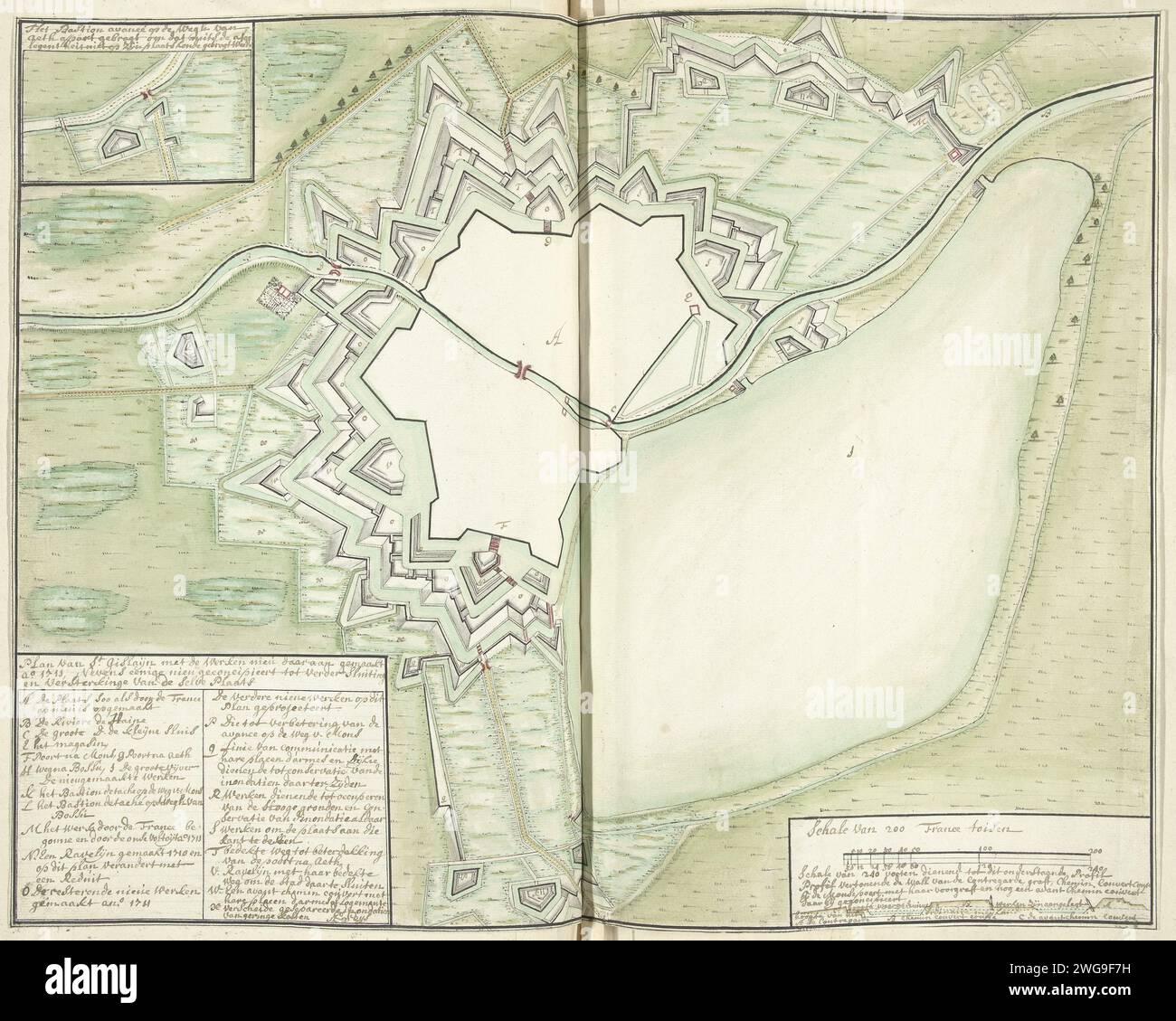 Plan de Saint-Ghislain, 1711, dessin de 1711. Feuille de texte carte de la ville de Saint-Ghislain avec les nouveaux renforts débarqués en 1711. En bas à gauche le titre et la légende A-X en néerlandais. En bas à droite, l'échelle et une coupe transversale du Red Light District. Le dessin comprend une feuille pliée séparément avec une déclaration de l'ingénieur Seys pourquoi les plans pour les nouveaux remparts ont été établis. Partie d'une collection de plans signés de lieux renforcés aux pays-Bas et dans les pays voisins au moment de la guerre de succession d'Espagne (partie C). Cartes papier des villes des pays-Bas. Forteresse Sai Banque D'Images