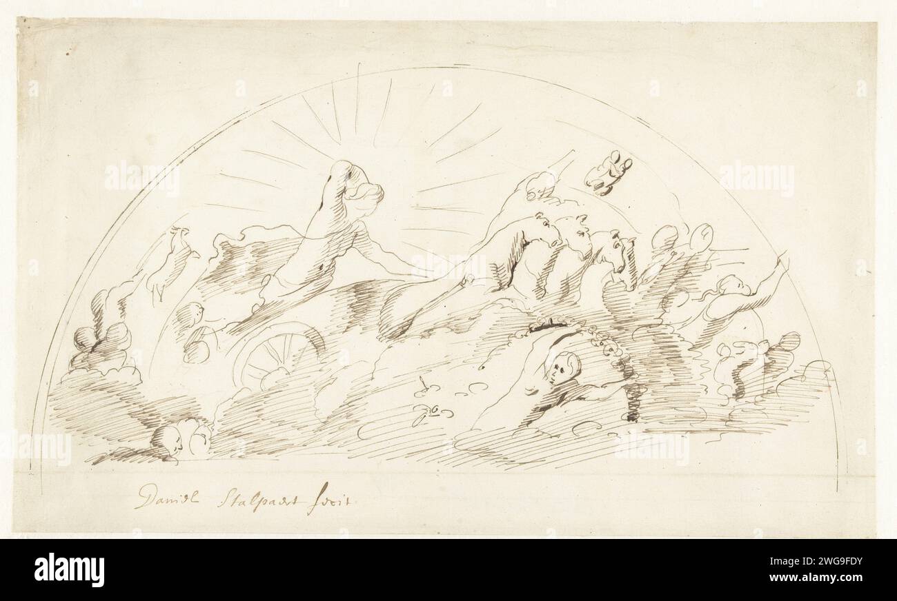 La voiture solaire d'Apollo, Jacob van Campen, 1625 - 1676 papier à dessin. Stylo à encre Gemini (signe zodiacal de mai). Bélier (signe zodique de mars). signes zodiacaux de la saison printanière. Apollon dans le char du soleil, tiré par quatre chevaux, généralement précédés par une aurore tenant une torche ; 'Carro del Sole' (Ripa) Banque D'Images