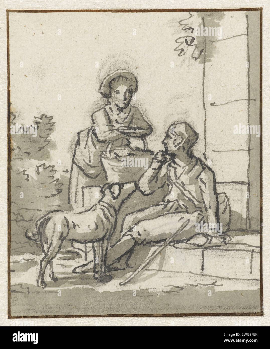 Femme debout avec homme assis avec chien, Jurriaan Andriessen, 1752 - 1819 papier à dessin. encre. stylo à craie / chien brosse Banque D'Images