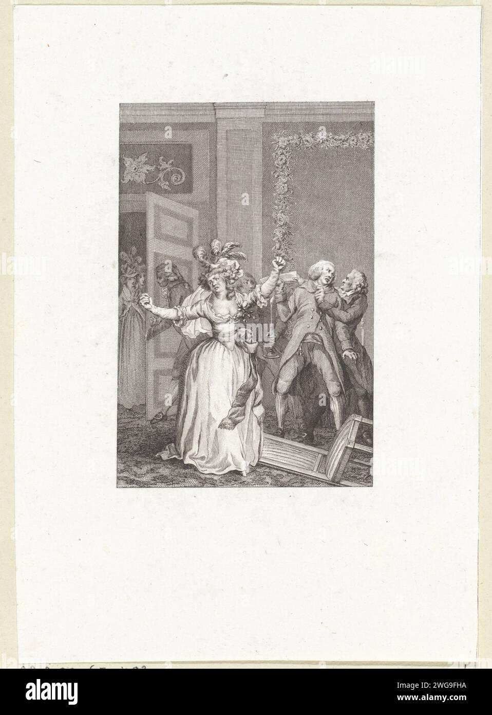 Querelle dans un départ, Reinier Vinkeles (I), 1794 print Une femme se tient avec les poings serrés dans un départ tandis qu'un homme est calmé en arrière-plan. Il y a une chaise tombée sur le sol. Amsterdam gravure sur papier / gravure relations agressives, inimitié, animosité. bras levé, poing Banque D'Images
