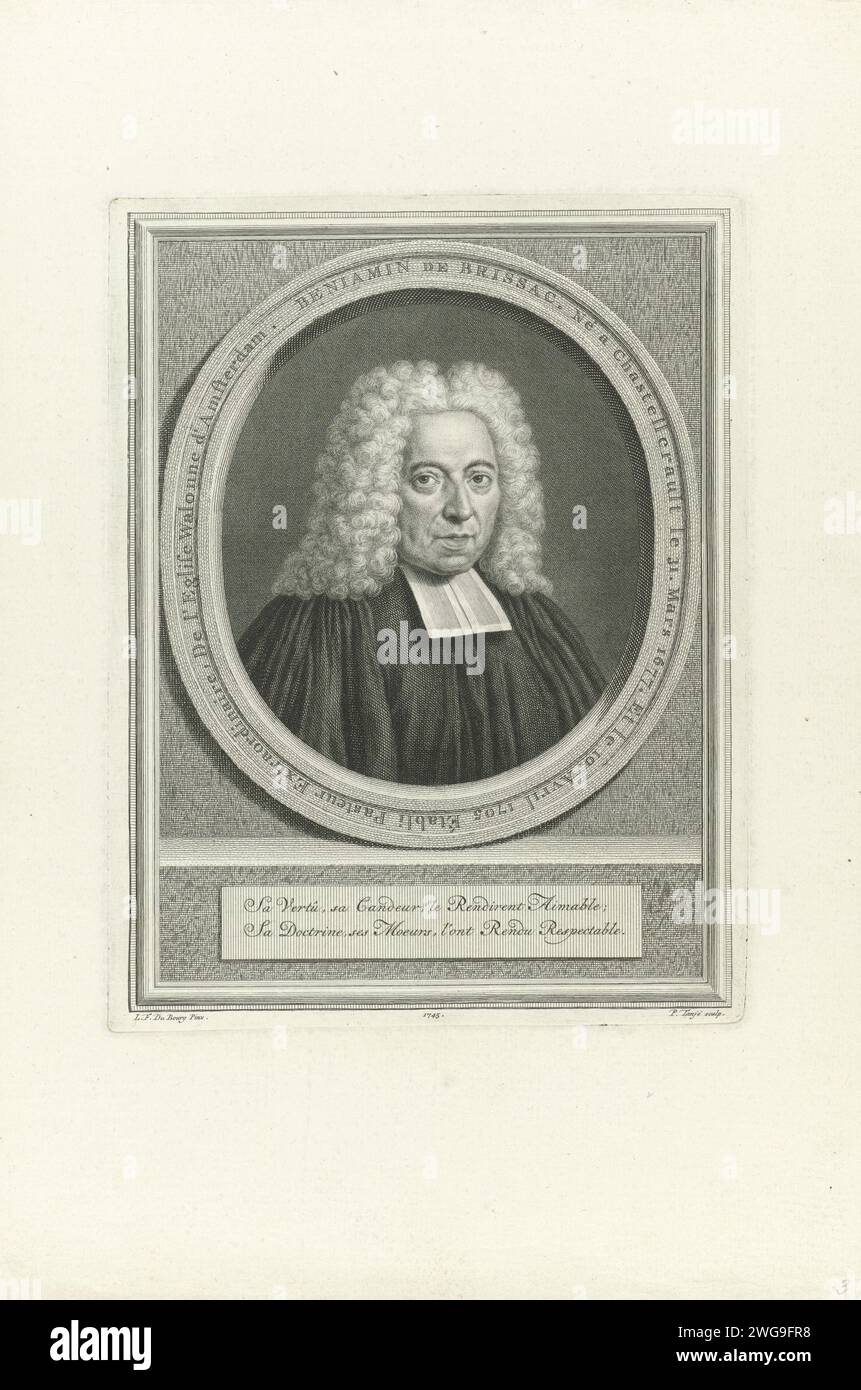Portret van Benjamin de Brissac, Pieter Tanjé, d'après Louis Fabritius Dubourg, 1745 tirage Portrait de Benjamin de Brissac, pasteur de l'église wallonne d'Amsterdam. Sous le portrait un texte de deux lignes en français. Amsterdam gravure / gravure sur papier Banque D'Images