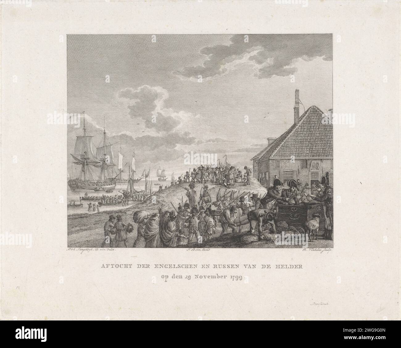 Député des Britanniques et des Russes de Den Helder, 1799, Reinier Vinkeles (I), d'après Dirk Langendijk, 1800 - 1802 imprimer les soldats de la puissance d'invasion russo-britannique quittent Den Helder le 29 novembre 1799. Au premier plan, une grande boîte avec le monogramme couronné GR est emballée. En arrière-plan, les hommes partent en sloops vers les navires prêts. Imprimeur : Amsterdam Chart dessin par : Den HelderÉditeur : Haarlem papier gravure / gravure transport, train (militaire) (+ voiliers) den Helder Banque D'Images