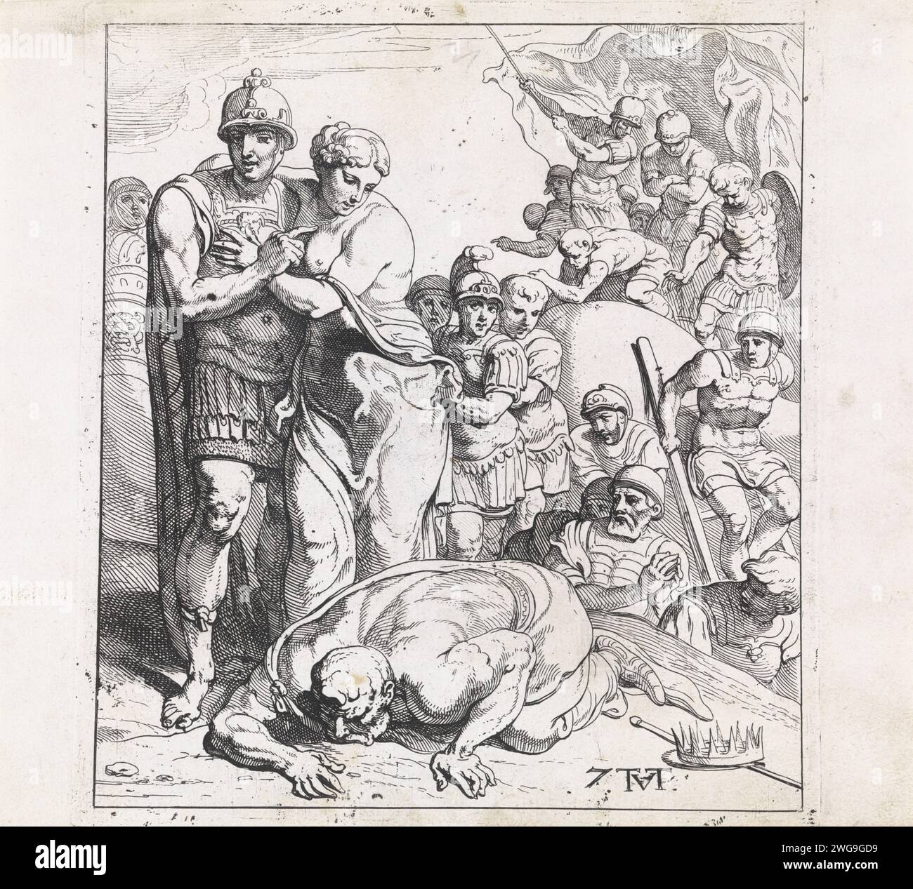 Retour d'Agamemnon et Cassandra à Mycène, Theodoor van Thulden, d'après Francesco Primaticcio, 1632 - 1633 print Agamemnon revient avec Cassandra comme butin de guerre à Mycène. Agamemnon embrasse le sol de sa patrie. Un de ses hommes est à côté de Cassandra, tandis que les autres hommes débarquent. Papier de Paris. Gravure au crayon arrivée d'Agamemnon et Cassandra à Mycènes Banque D'Images