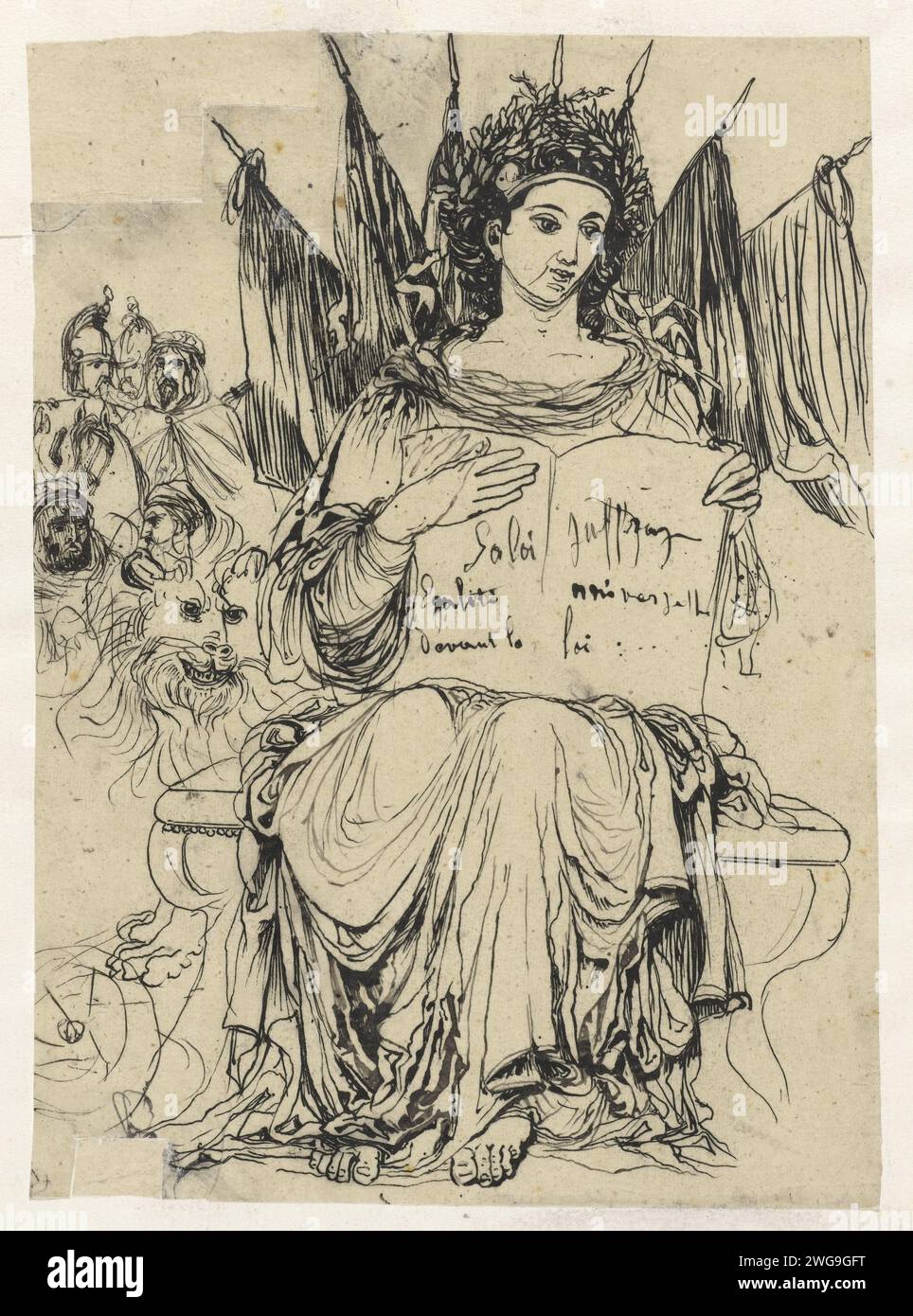 Conception pour une figure allégorique de la République, Rodolphe Bresdin, 1880 - 1883 dessin femme assise pour les bannières et dans les figures de fond. Conception pour une impression. Papier calque France. personnifications de stylo d'encre des pays, des nations, des états, des districts, etc Banque D'Images