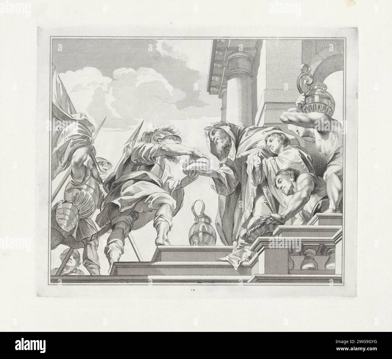 Melchizédek offre Abrahem brood en Wijn, Jan Punt, d'après Jacob de Wit, d'après Pierre Paul Rubens, 1751 estampe Melchizédek se tient sur un escalier et donne deux pains à Abraham. Amsterdam papier gravure / gravure la rencontre d'Abraham et Melchizédek, le grand prêtre et roi de Salem, qui apporte du pain et du vin (Genèse 14:18-20) Carolus Borromeuskerk Banque D'Images