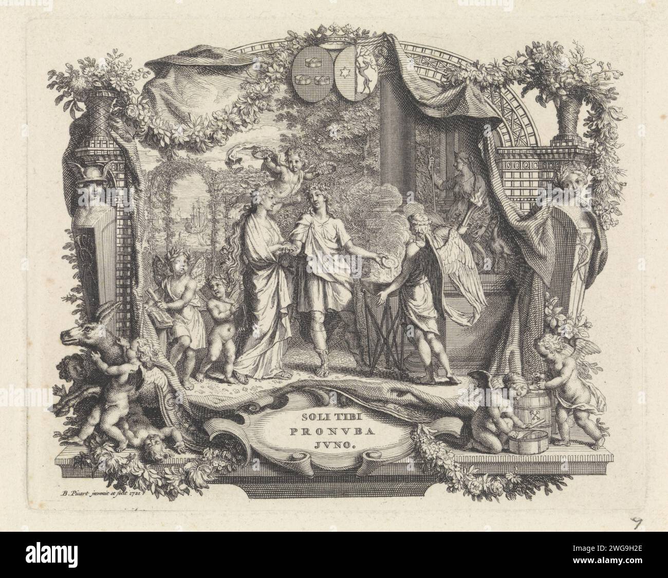 Représentation allégorique à l'occasion du mariage d'Adriaan van Maten et Maria van Vollenhoven, Bernard Picart, 1721 impression représentation allégorique à l'occasion du mariage d'Adriaan van Maten et Maria van Vollenhoven à Amsterdam en 1721. Le couple marié se tient la main droite et se tient à l'autel de Junon, où le dieu du mariage hymen les épouse. Amor couronne les deux avec des couronnes de Laurier. Au milieu des bras du couple. Sous le spectacle la devise : Soli Tibi Pronuba Juno. Amsterdam gravure sur papier / gravure (histoire de) hymen(aeus). (Histoire de) Cupidon, Amor Banque D'Images