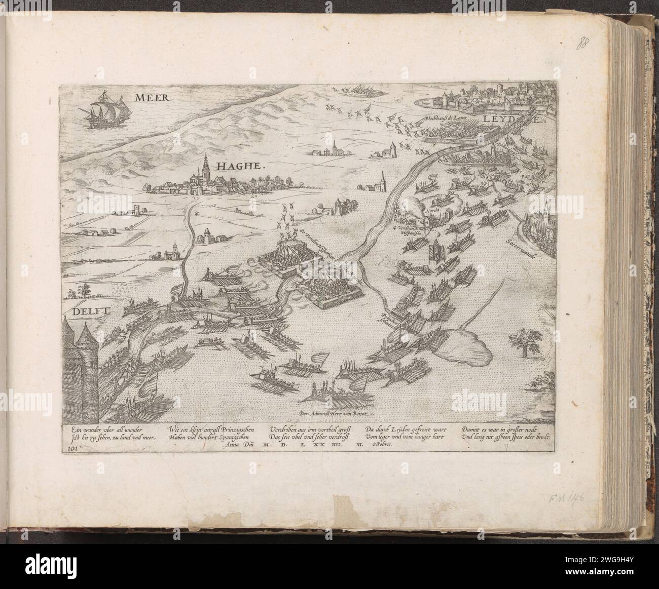Relief de Leiden, 1574, 1574 - c. 1578 imprimer le relief de Leiden le 3 octobre 1574. Les troupes du prince naviguent sur les polders inondés de Delft le long de la Haye jusqu'à Leiden, sous le commandement de l'amiral Louis de Boisot. Les assiégeants espagnols fuient leurs racks. Avec légende de 10 lignes en allemand. Numéroté en bas à gauche : 101. L'impression fait partie d'un album. Gravure de papier de Cologne soulevant le siège avec l'aide extérieure, secours à diriger. Delft. La Haye. Sweeterwoude Banque D'Images