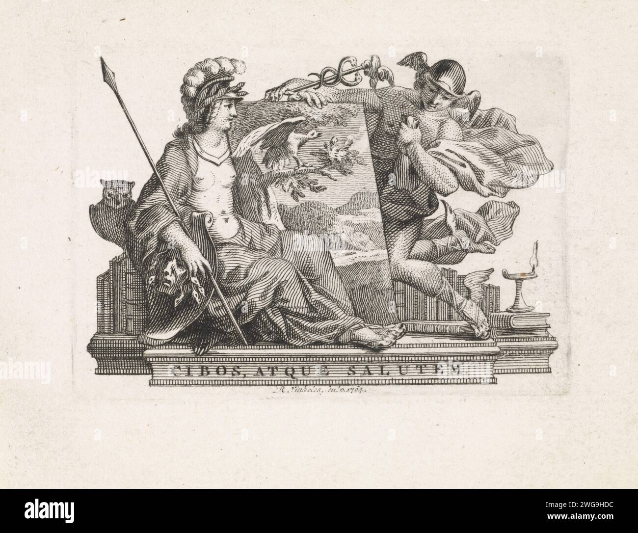 Minerve et Mercure avec des livres et une peinture, sur laquelle un oiseau dans un paysage, Reinier Vinkeles (I), 1764 imprimer Amsterdam papier gravure / gravure (histoire de) Mercure (Hermès). (Histoire de) Minerve (Pallas, Athéna). image, peinture. livre Banque D'Images