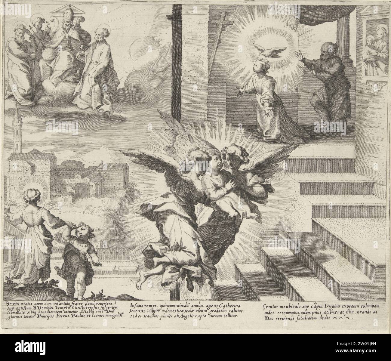 Visioen van Catharina / Catharina dédié par Engelen Trap / Catharina dans la prière, Pieter de Jode (I), d'après Francesco Vanni, 1597 impression de gauche à droite : Catharina rentre chez elle avec son frère à l'âge de six ans. Au-dessus du Dominicankerk dans sa ville natale, elle voit le Christ comme un pape sur un trône, flanqué de Paulus, Pierre et l'évangéliste Johannes. ; À cinq ans, Catharina rencontre Maria dans les escaliers et est portée par des anges.; le père de Catharina voit un pigeon au-dessus de la tête de sa fille priante et est convaincu de son statut spécial à partir de ce moment-là. Dans la marge une explication Banque D'Images