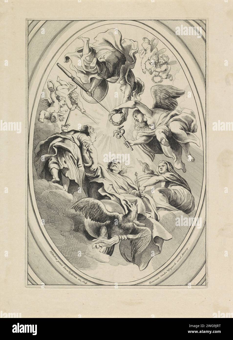 Apothéose de Jacobus I (roi d'Angleterre), Lucas Vorsterman (II), d'après Pierre Paul Rubens, 1651 - 1679 print Anvers gravure sur papier / gravure cupids : 'amores', 'amoretti', 'putti'. Caduceus (bâton avec deux serpents, attribut de Mercure). Attributs de Jupiter : eagle. couronnement de laurier Banque D'Images