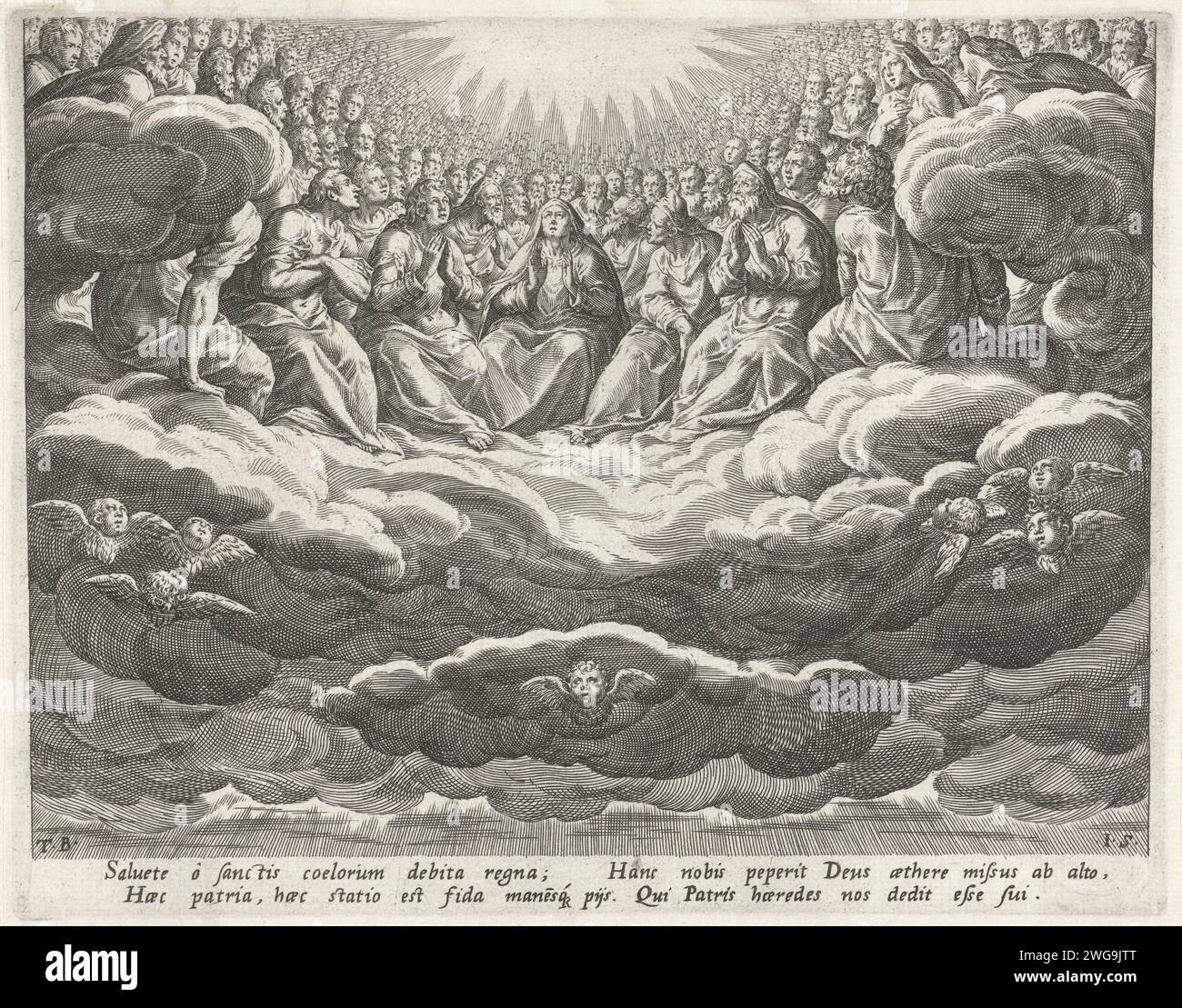 Ciel comme l'un des quatre extrêmes, Johann Sadeler (I), d'après Dirck Barendsz., 1560 - 1600 imprimer représentation symbolique de Dieu le Père et Christ sous la forme d'une lumière rayonnante. En dessous, sur les nuages, Marie au milieu d'une rangée de saints ordonnée hiérarchiquement. L'estampe a une légende latine et fait partie d'une série en quatre parties sur les quatre extrêmes. Print Maker : Unknownafter design by : Amsterdam papier gravure Heaven (comme l'un des quatre derniers objets). Tous les Saints, 'tous ceux qui sont rachetés et maintenant au ciel' (+ Marie). (Rayons de) lumière  symbole de Dieu le Père Banque D'Images