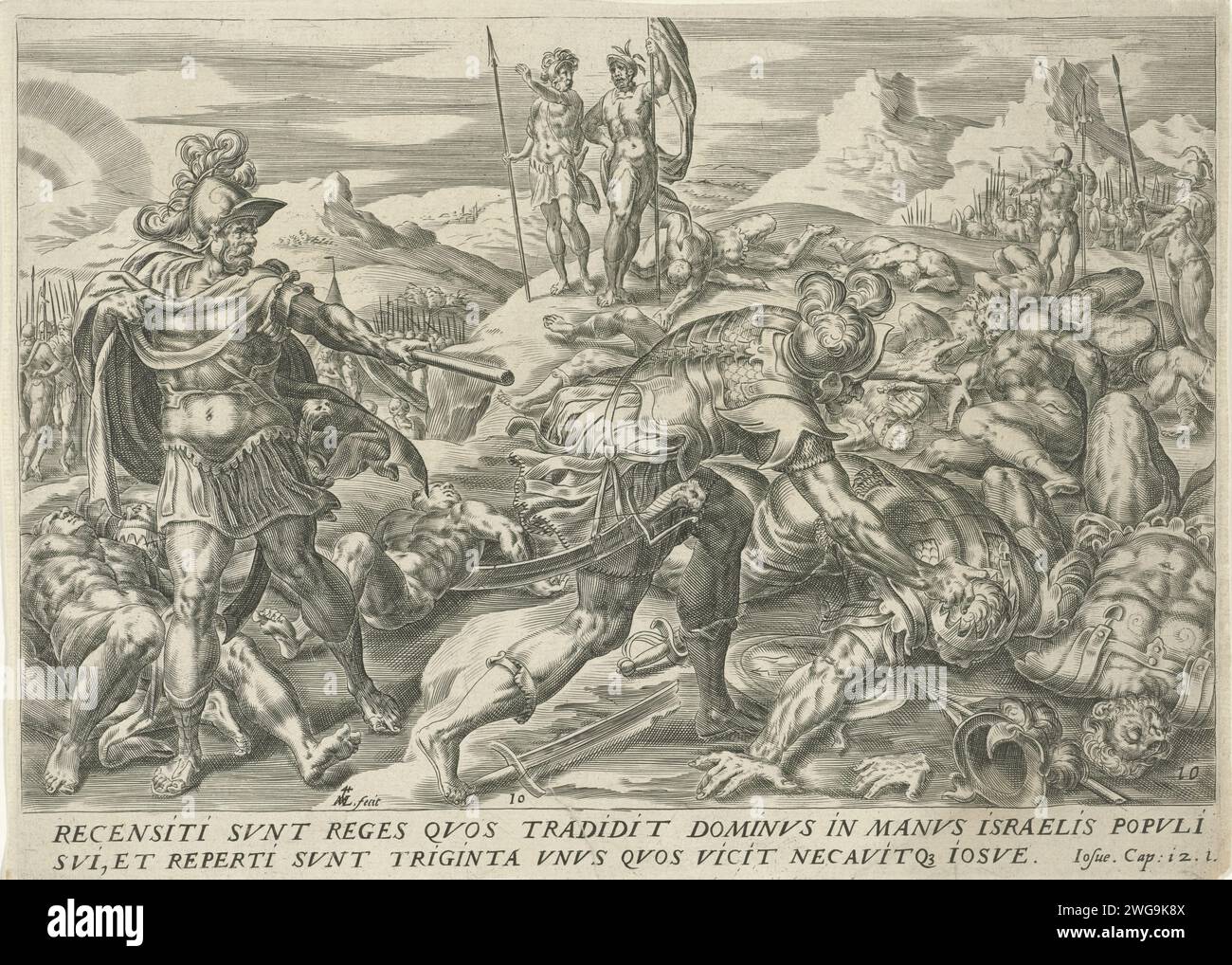 Trente et un rois vaincus par Josué, 1639 - 1674 imprimer Joshua est à gauche dans un paysage et pointe vers les 31 rois sur le sol, qu'il a vaincu. Au bas de la marge, une référence au texte biblique en latin. Amsterdam papier gravure le territoire des trente et un rois est conquis par Josué et son armée (Josué 12:7-24) Banque D'Images