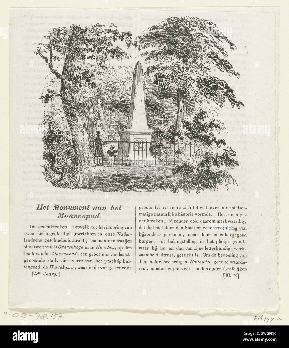 Mémorial en mémoire des combats au Manpad en 1304, 1835 - 1838 imprimer Mémorial fondé en 1817 en mémoire des combats au Manpad à Heemstede: la victoire et l'expulsion des Flamands le 26 avril 1304 et un épisode du siège de Haarlem le 8 juillet 1573. Monument auquel se dresse une clôture, un homme et Un garçon à côté. Feuille pliée double avec le texte dans lequel sont décrits les événements qui sont commémorés avec le monument. Monument d'impression typographique en papier des pays-Bas, statue House in Manpad. Hemstede Banque D'Images