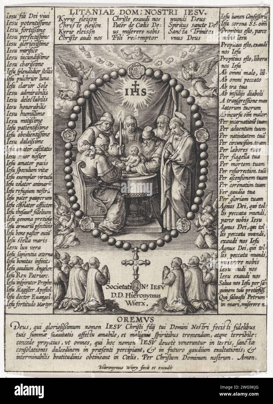 Circoncision du Christ et prières de la litanie du très Saint Nom de Jésus, Hieronymus Wierix, 1563 - avant 1595 imprimer l'enfant Christ est circoncis par le grand prêtre. L'enfant est retenu sur l'autel par un autre prêtre. Maria, Joseph et d'autres regardent. Au-dessus d'eux le monogramme du Christ. Le spectacle est pris dans un chapelet. Au fond des hommes priant et dans les coins priant des anges. Au sommet de Dieu le Père, entouré de Cherubin. Autour du cadre avec les représentations, en six colonnes, des prières de la litanie du nom le plus ennuyeux de Jésus en latin. Anvers papier gravin Banque D'Images