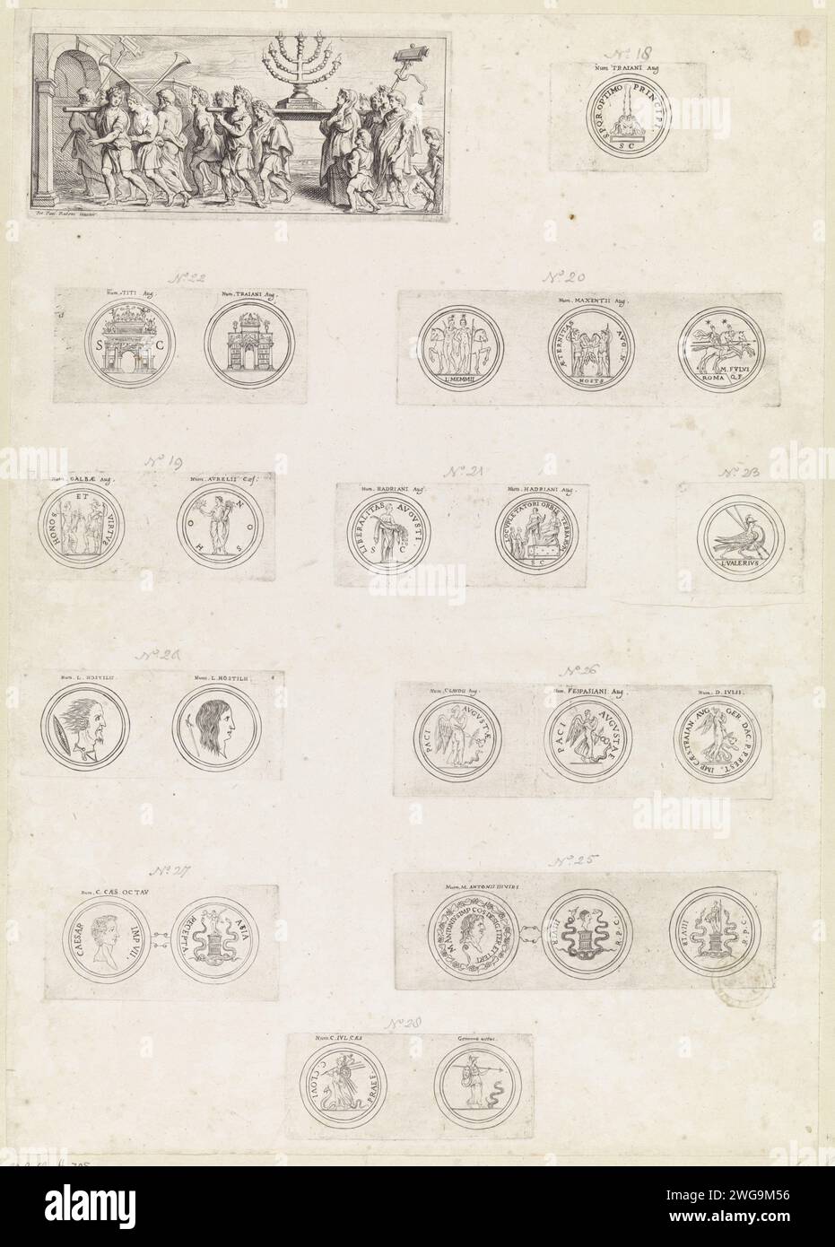 Feuille de parade triomphale avec le chandelier Zeven et les pièces romaines, Theodoor van Thulden, d'après Pierre Paul Rubens, d'après Anonymous, 1642 impression au-dessus de la parade triomphale avec le chandelier à sept bras et d'autres trésors du temple de Jérusalem par les Romains, après la destruction du temple par l'empereur Titus. Au relief sur l'arc de triomphe de Titus à Rome. En outre, 23 pièces romaines avec divers emblèmes et devises des empereurs romains. Anvers gravure sur papier / gravure 'menorah', chandelier doré à sept branches, conservé dans le Tabernacle. pièce de sculpture, reproducti Banque D'Images