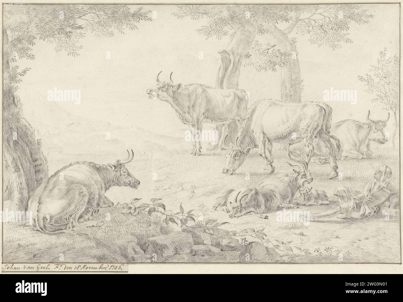 Paysage avec bétail, Jan van Gool, 1756 papier à dessin. vache craie. chèvre Banque D'Images