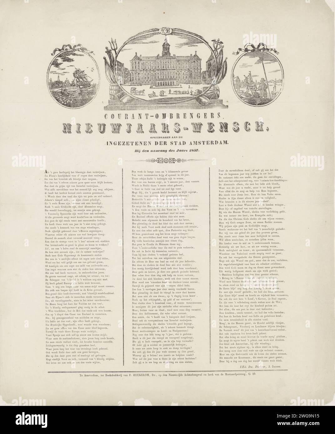 Vœu du nouvel an des Cuddles Courantom d'Amsterdam pour l'année 1857, Jacob Coldewijn, 1856 - 1857 imprimer vœu du nouvel an au nom des Omkenders de Couranten (livreurs de journaux) à Amsterdam pour l'année 1857. Au sommet trois médaillons avec un visage sur le Palais sur la place du Dam, à gauche un navire sur l'IJ, à droite divertissement de glace à l'extérieur de la muraille de la ville. En bas un poème en trois colonnes. Van de Courantombrenger : J. Jansen. Rue d'impression typographique papier Amsterdam. livraison (du journal). Patins (sports d'hiver) Amsterdam. Palais royal d'Amsterdam. IJ Banque D'Images