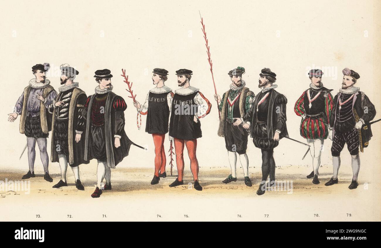 Costumes des fonctionnaires et messagers de la ville néerlandaise, 16e siècle. Curateur van Almonde 73, recteur Andreas Saravais 72, curateur Jonkheer Johan van der Does 71, messagers 74,75, magistrat Foy van Brouchhoven 76, maire Pieter Adriaensz 77, secrétaire Jan van Hout 78 et retraité pouls vos 79. Lithographie coloriée à la main de Pieter Willem Marius Trap d'après une illustration de Gerardus Johannes Bos dans Maskerade, Leiden 1870, (mascarade des étudiants de Leiden 1870), reconstitution historique de la visite de Robert Lord Dudley, baron von Denbigh, comte de Leicester, et d'autres à l'Université de Leiden 1586, publ Banque D'Images