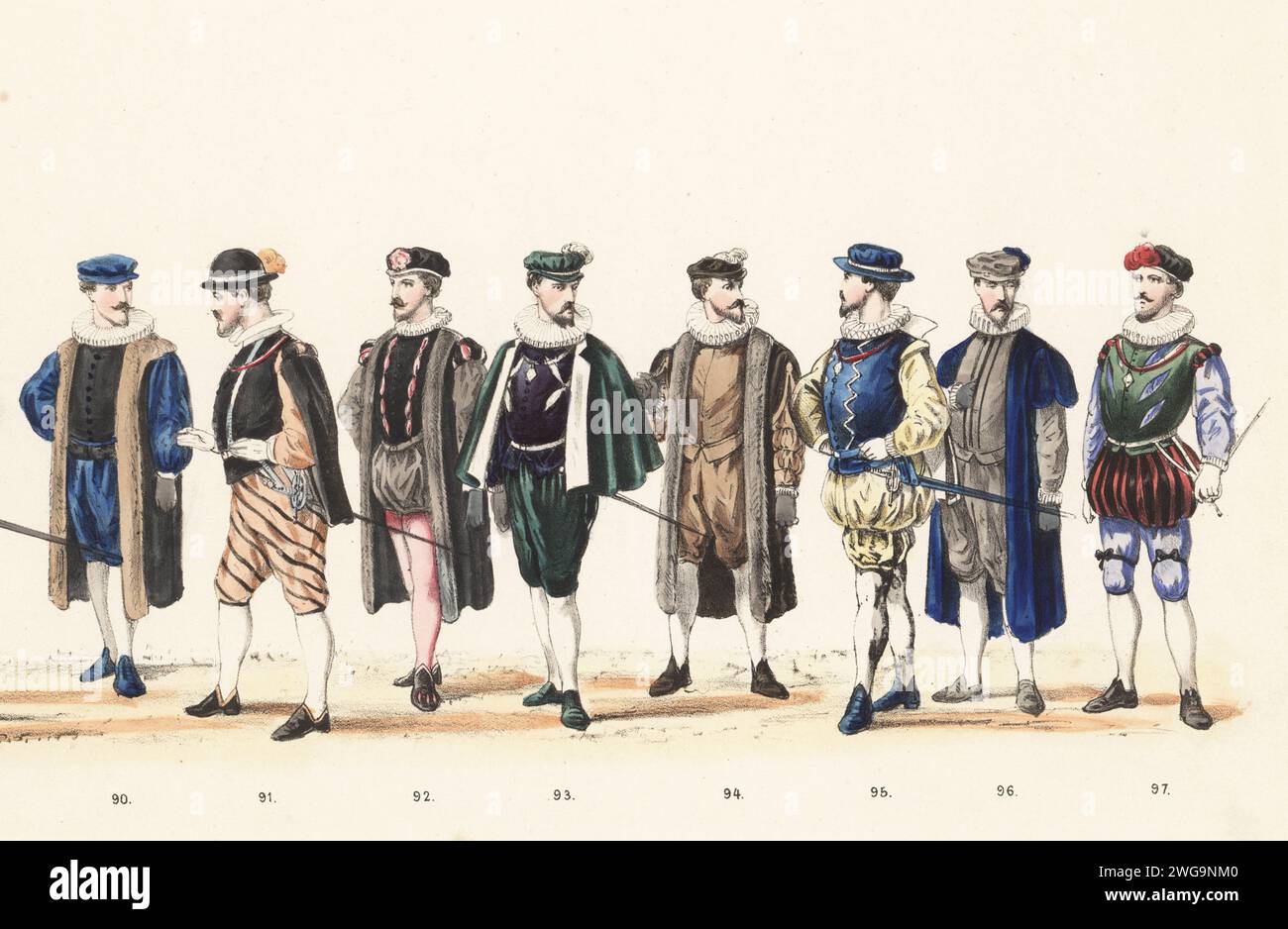 Costumes des fonctionnaires et universitaires néerlandais, 1586. Professeur de maths Rudolf Snellius 90, conseiller Laurens Andriesz 91, prof. Julius Beyma 92, conseiller Hobbe Florisz 93, prof. Johannes Henricus Heunius 94, conseiller Pieter Pieter Jorisz Cortevelt 95, prof. De logique Antonius Trutius 96, et le conseiller Franc Duyuk de Jode 97. Lithographie coloriée à la main par Pieter Willem Marius Trap d'après une illustration de Gerardus Johannes Bos dans Maskerade, Leiden 1870, (Mascarade par les étudiants Leiden 1870), une reconstitution historique de la visite de Robert Lord Dudley, Baron von Denbigh, Earl o Banque D'Images