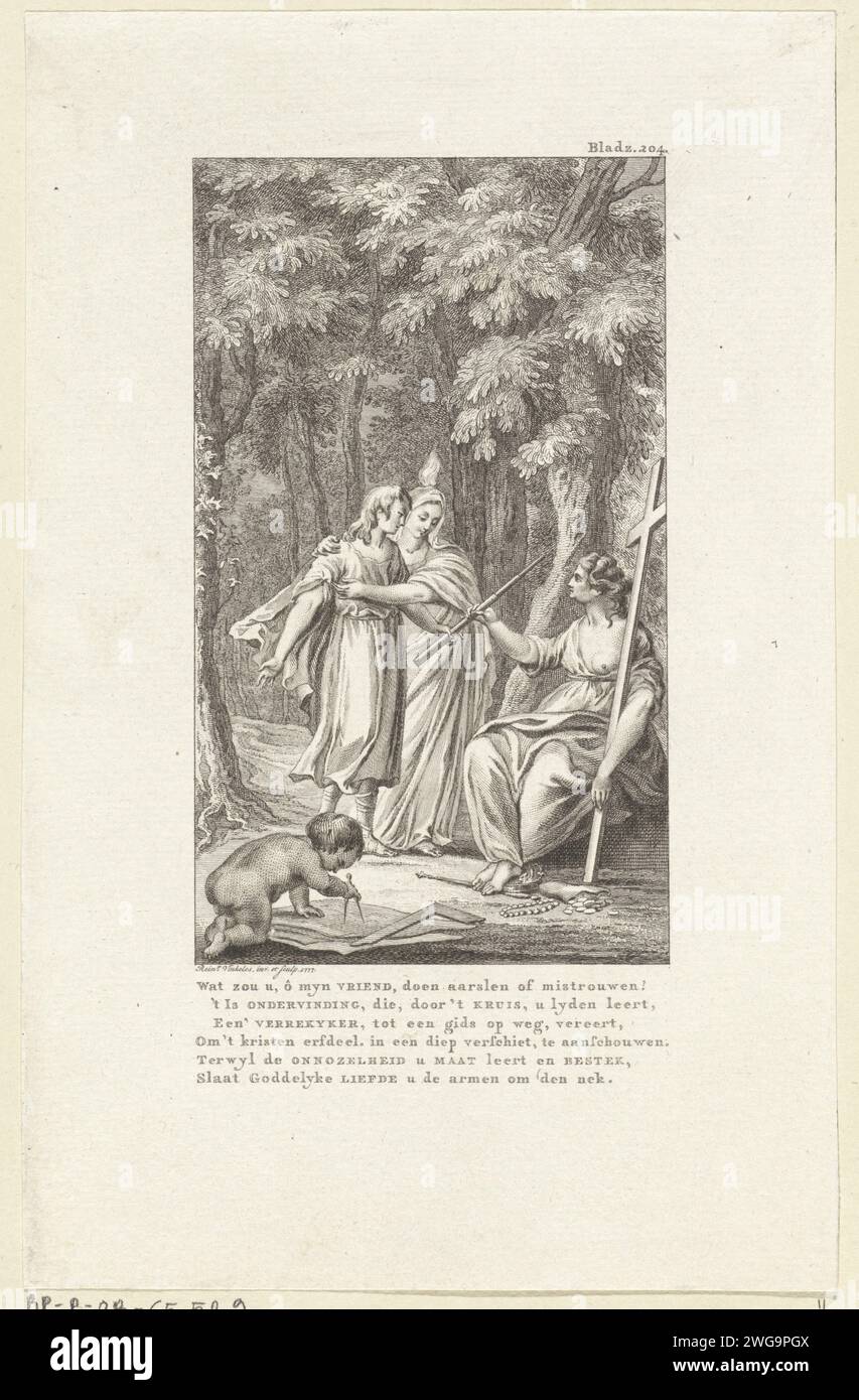 Allégorie avec l'homme, l'expérience, la bêtise et l'amour divin, Reinier Vinkeles (I), 1777 print Amsterdam papier gravure / gravure être humain, Homme en général. Charité, 'Caritas' ; 'CaritÃ' (Ripa)  une des trois vertus théologiques. cupidons : 'amores', 'amoretti', 'putti'. Expérience, maîtrise ; 'esperienza' (Ripa) Banque D'Images