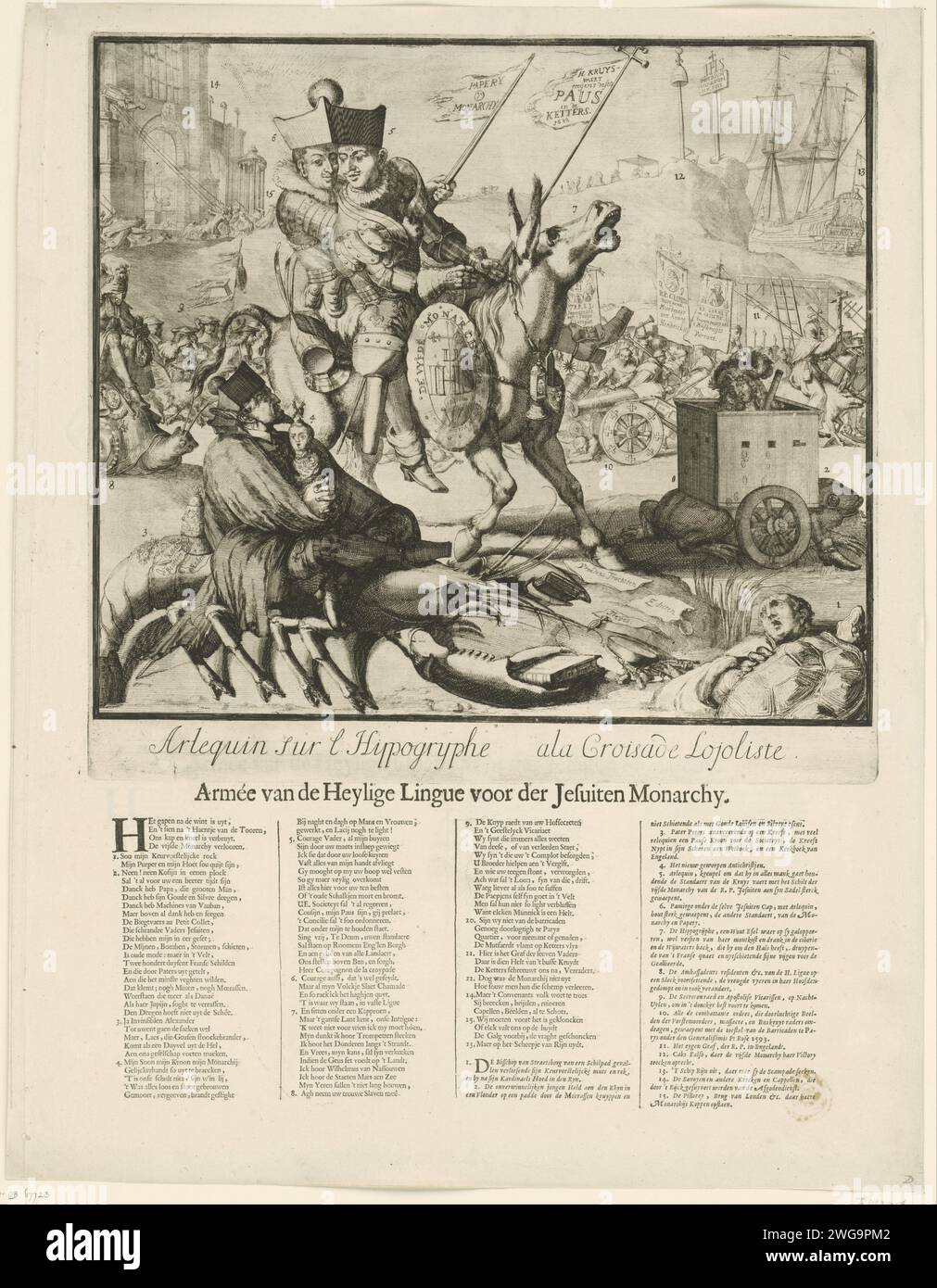 Caricature sur la lutte commune de Lodewijk XIV et Jacobus II, 1689, Romeyn de Hooghe (attribué à), d'après Romeyn de Hooghe, 1689 imprimer caricature sur la lutte commune de la Sainte Ligue de Louis XIV et Jacobus II, 1689. Louis XIV (Harlekijn) et Jacobus II (Pamirge) s'assirent sous un chapeau dans un combat d'âne contre les protestants. Au premier plan le père Peters (Edward Petre) avec le pauvre enfant sur un homard, à droite le dauphin dans une boîte à l'arrière d'un chemin. Le front droit l'évêque de Strasbourg tomba de sa tortue. Leur lutte insensée est présentée comme une croisade jésuites. Sur le ri Banque D'Images