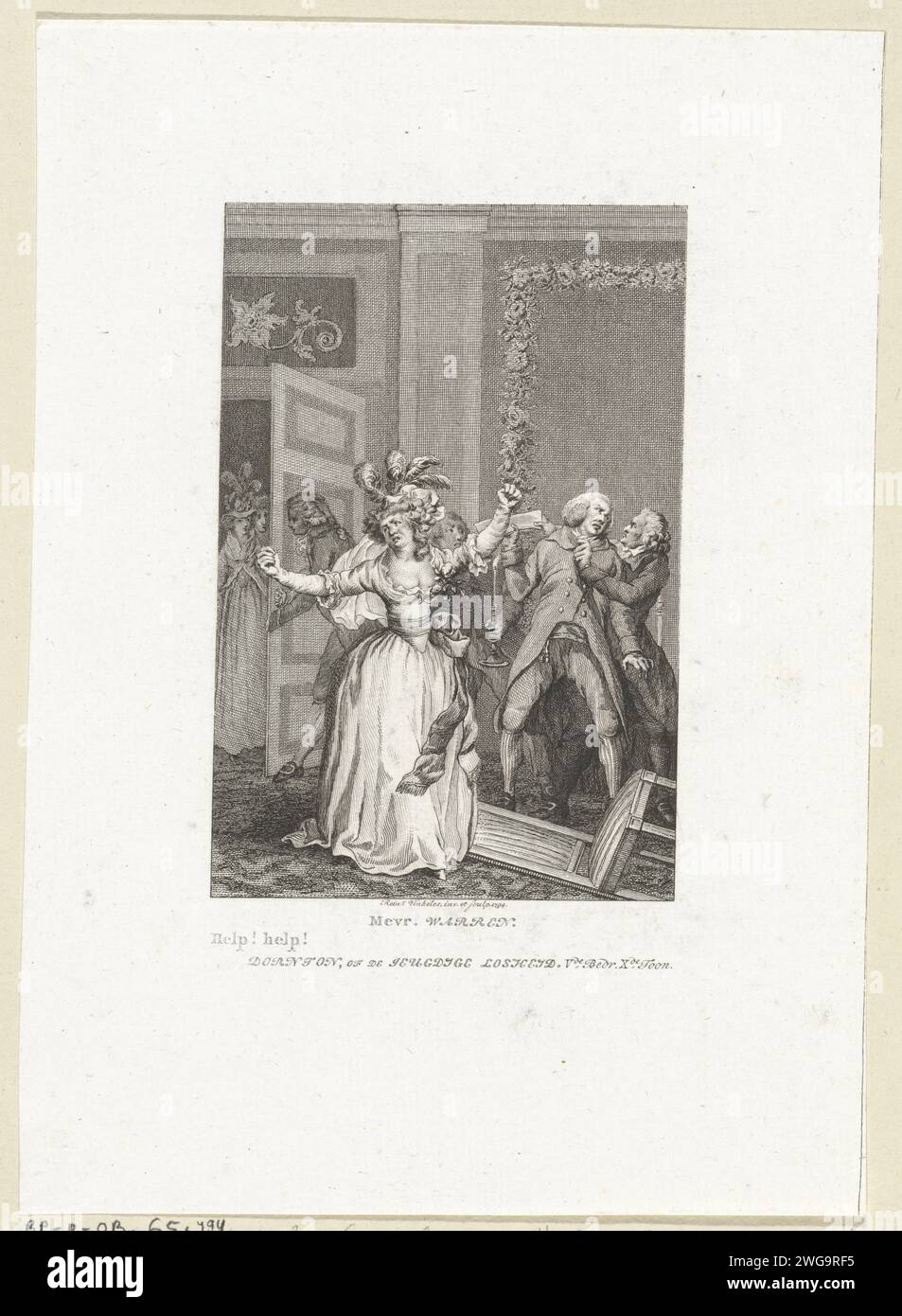 Querelle dans un départ, Reinier Vinkeles (I), 1794 print Une femme se tient avec les poings serrés dans un départ tandis qu'un homme est calmé en arrière-plan. Il y a une chaise tombée sur le sol. Amsterdam gravure sur papier / gravure relations agressives, inimitié, animosité. bras levé, poing Banque D'Images