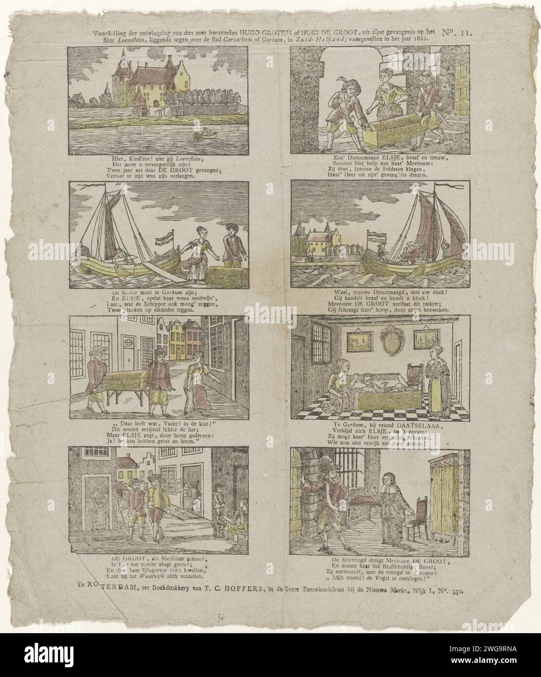 Présentation du développement du très célèbre Hugo Grotius ou Huig de Groot (...) 1621, Christiaan Jacob Schuyling, 1820 - 1830 print feuille avec huit représentations de l'évasion de Hugo de Groot de Slot Loevestein 1721. Numéroté en haut à droite : n° 11. Env. 1820-1830. Imprimeur : Netherlandsprinter : impression typographique papier Rotterdam Banque D'Images