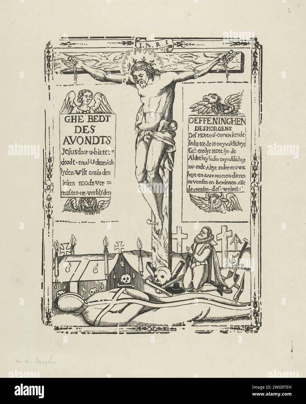 Ghebedt des Avonts / Oeffeninghen du matin, 1860 - 1865 imprimer Christ sur la croix avec un homme priant agenouillé entre des tombes au pied de la croix. Au premier plan, le corps d'une personne décédée dans des enveloppements dans un cercueil avec des bougies allumées. A gauche de la croix la prière du soir, à droite la prière du matin. Imprimeur : Ghentprint Maker : papier du sud des pays-Bas types spécifiques de Christ crucifié (dans un contexte non narratif). préparation du cadavre, toilette mortuaire  enterrement. cercueil Banque D'Images