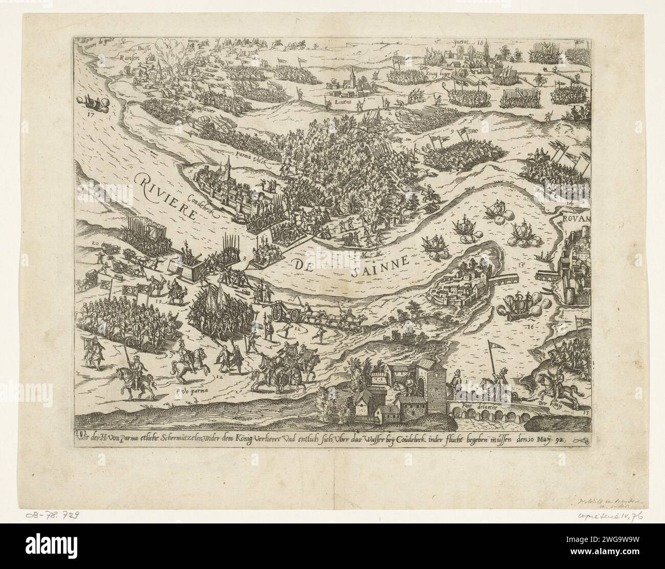 Parme traverse la Seine à Caudebec, 1592, 1592 - 1594 imprimer l'armée du duc de Parme traverse la Seine à Caudbec, 10 mai 1592. Juste sous Rouen et le roi Henri IV Avec légende de la règle de 1 en allemand. Non numéroté. Papier avec bords rouges. Copie à l'impression de Hogenberg. Allemagne papier gravure pont improvisé, pont temporaire  génie militaire Caudebec-lès-Elbeuf Banque D'Images