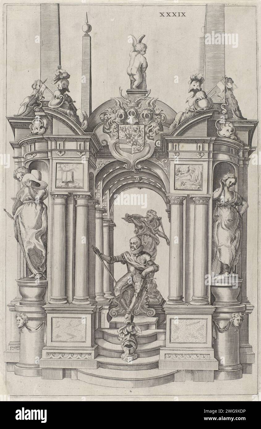 Graftombe de Willem Ier, Prince d'Orange, 1623, Anonyme, 1631 estampe Graftombe ou Praalgraf de Willem Ier dans la Nieuwe Kerk à Delft, achevée en 1623. Vu de face avec l'image du prince assis. En haut à droite 'XXXIX'. Imprimeur : Low CountriesPublisher : Amsterdam gravure papier tombe-bâtiment, tombe monumentale. intérieur de l'église. Personnes historiques Nouvelle église. Delft Banque D'Images