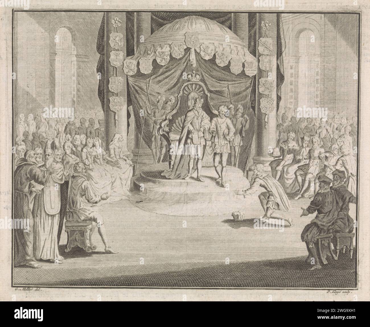 Keizer Karel V transmet la planche des pays-Bas à Philippe II, 1716 - 1761 print Keizer Karel V, debout sous une verrière avec des armoiries, a remis la planche des pays-Bas à son fils Philippe II le 25 octobre 1555. Règle de gravure / gravure sur papier Amsterdam, souverain. figurine agenouillée Banque D'Images