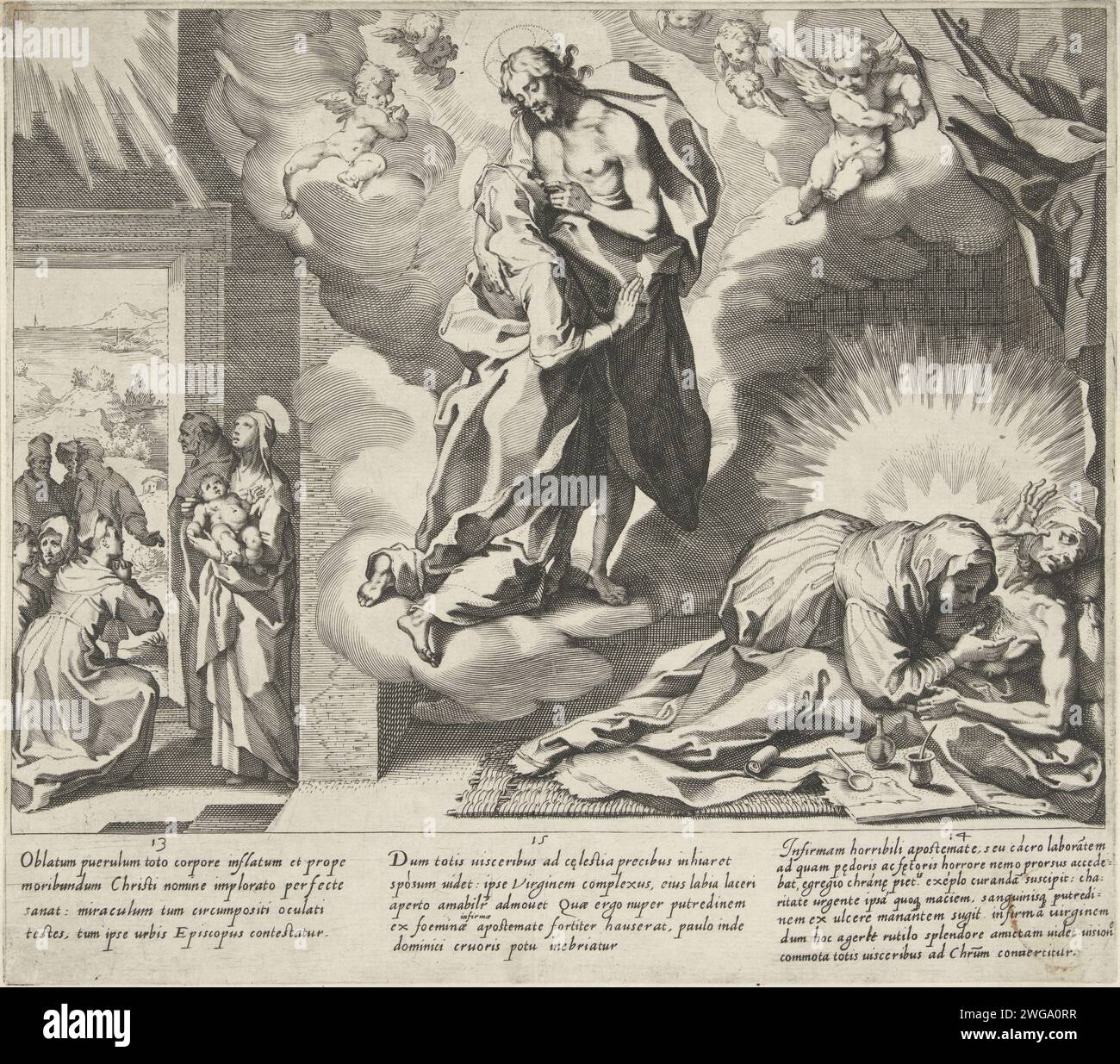 Catharina prie pour la guérison / Catharina Kusten les blessures du Christ / Catharina fournit une personne malade, Pieter de Jode (I), d'après Francesco Vanni, 1597 impression de gauche à droite : Catharina a un garçon malade sur son bras et prie pour sa guérison.; Catharina s'agenouille pour Christ et embrasse la blessure dans son côté ; Catharina fournit un homme malade dans sa maison. L'homme est par terre et Catharina relie ses blessures. Dans la marge une explication des performances en latin. Sixième tirage d'une série de douze avec la vie et les miracles de Saint Catharina van Siena. Italie papier gravure de la vierge et Dominicaine Banque D'Images
