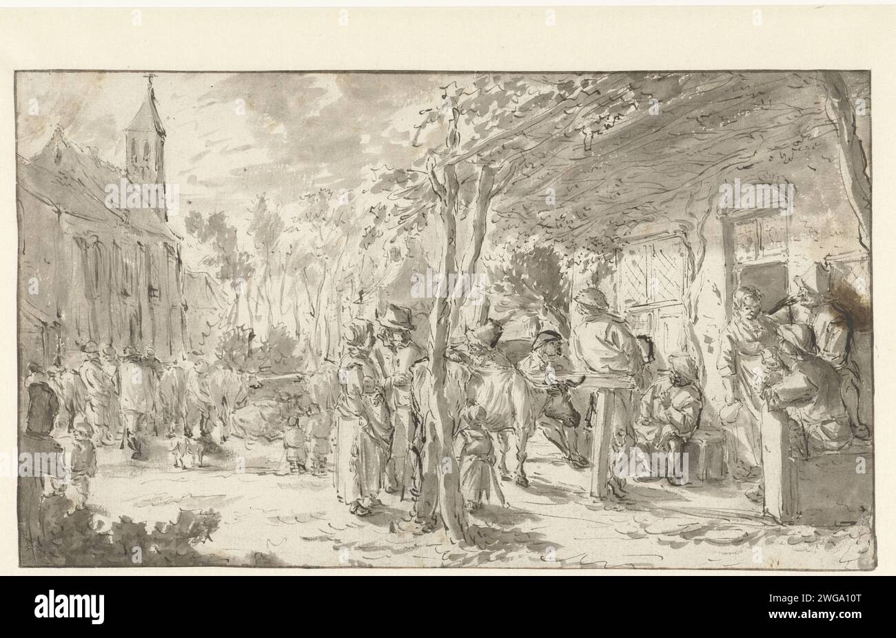 Ossenmarkt in Hillegom, Barent Gael, 1640 - 1673 papier à dessin. Stylo à encre / pinceau Hillegom Banque D'Images