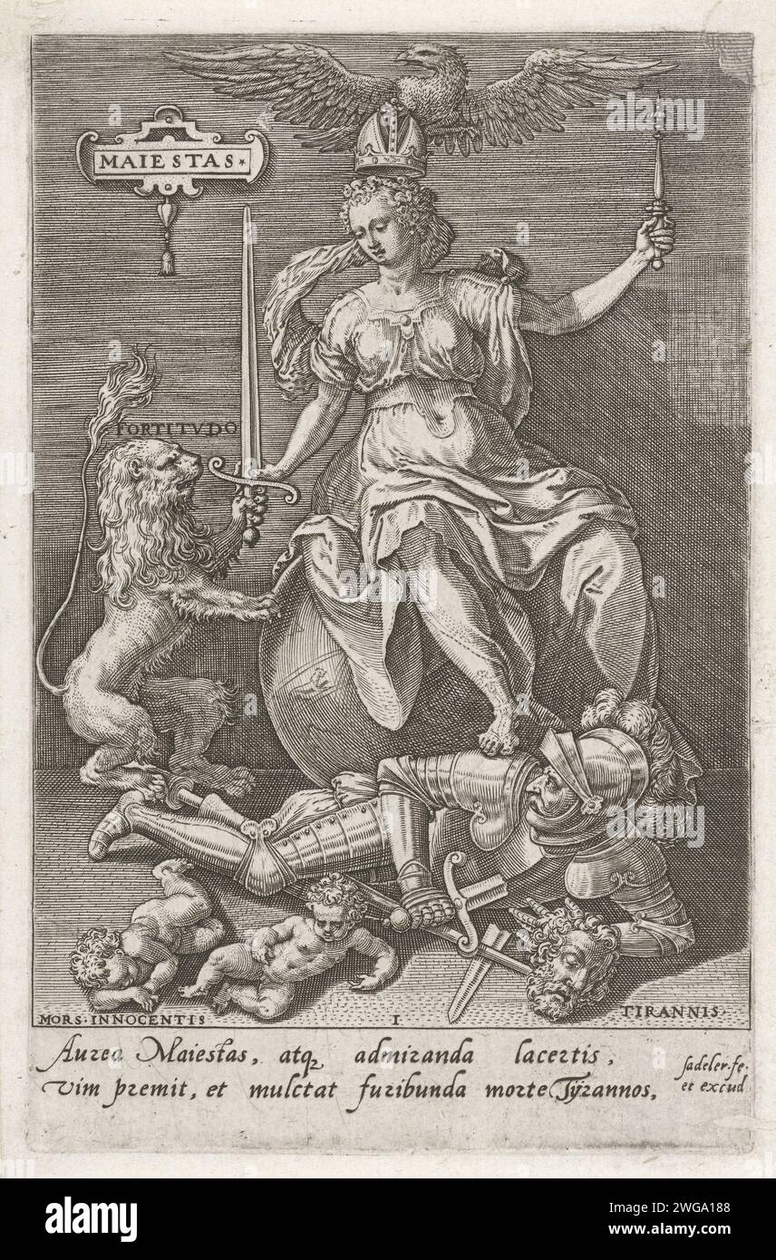 Dignité (Majestas) surmonte Tyrannie (Tyrannis), Johann Sadeler (I), d'après Maerten de vos, 1579 imprimer la personnification dignité (majestas), avec couronne et sceptre, est sur un globe. Un aigle vole au-dessus de sa tête. A côté d'elle se trouve la personnification en force (Fortitudo), un lion avec une épée levée. La dignité piétine la personnification de Tyrannie (Tyrannis), un homme en armure avec deux enfants morts à côté de lui (Mors Innocentii). Anvers gravure sur papier Regality, Majesty ; 'MaestÃ regia', 'RegalitÃ ' (Ripa) (+ personnification). Gouvernement dictatorial, tyrannie ; 'Tirannide' (Ripa). Innocence ; 'Innocenz Banque D'Images
