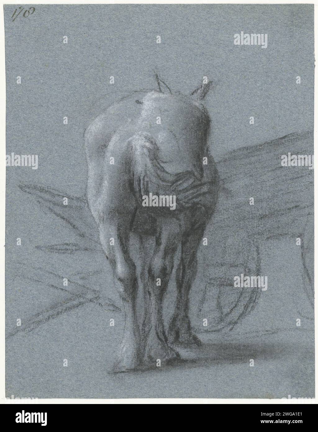 Cheval, par derrière, près d'une voiture, 1660 dessin de papier Zwolle. craie Banque D'Images