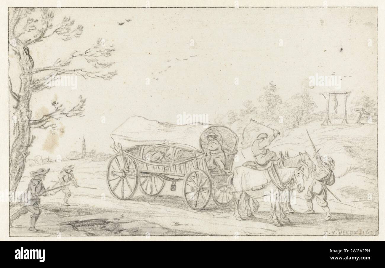 Vol sur une voiture de voyage, Esaias van de Velde, 1626 papier à dessin. voyageur(s) en brosse à craie attaqué(s) par un(des) voleur(s). véhicule à quatre roues tiré par deux animaux Banque D'Images
