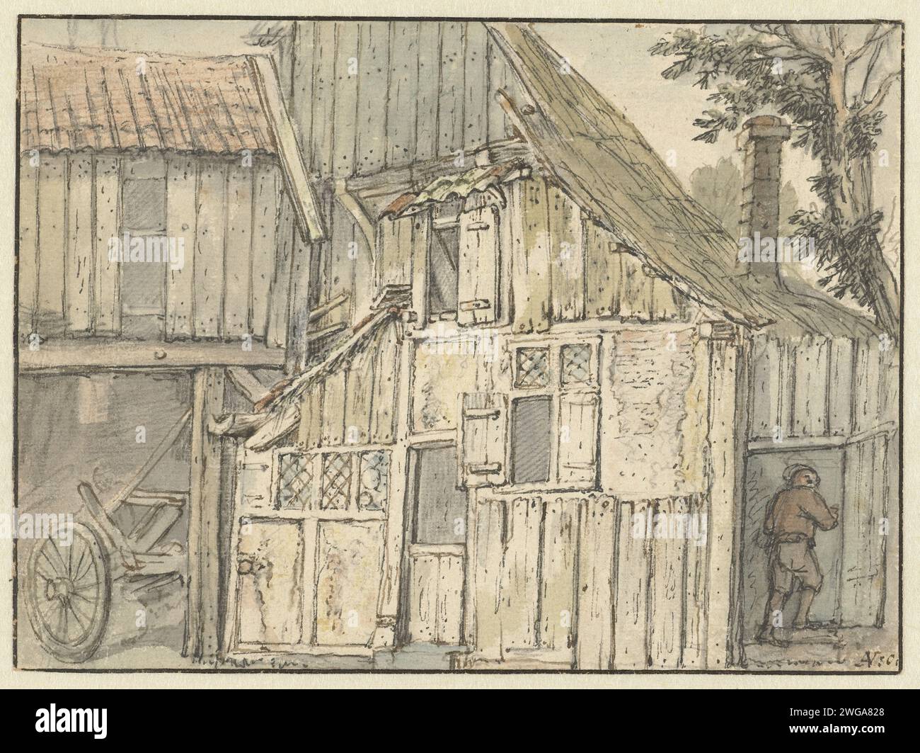 Façade d'une ferme, Isaac van Ostade, 1631 - 1649 dessin façade d'une ferme, sur la gauche est une voiture. papier. aquarelle (peinture). encre. crayon. parc de pinceaux / brosses à craie (bâtiment). ferme (bâtiment) Banque D'Images