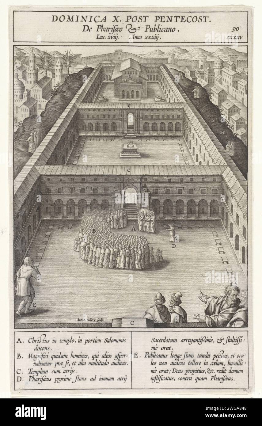 Parabole du Pharise et du publicain dans le temple, Antonie Wierix (II), d'après Bernardino Passeri, 1593 print Christ raconte la similitude du Pharise et du publicain dans le temple. Les gens essaient aussi de lui apporter de petits enfants. Divers éléments de la performance sont des lettres qui correspondent à la légende dans la marge. Papier d'Anvers gravant le pharisien priant et le publicain repentant dans le temple (Luc 18:10-14) Banque D'Images
