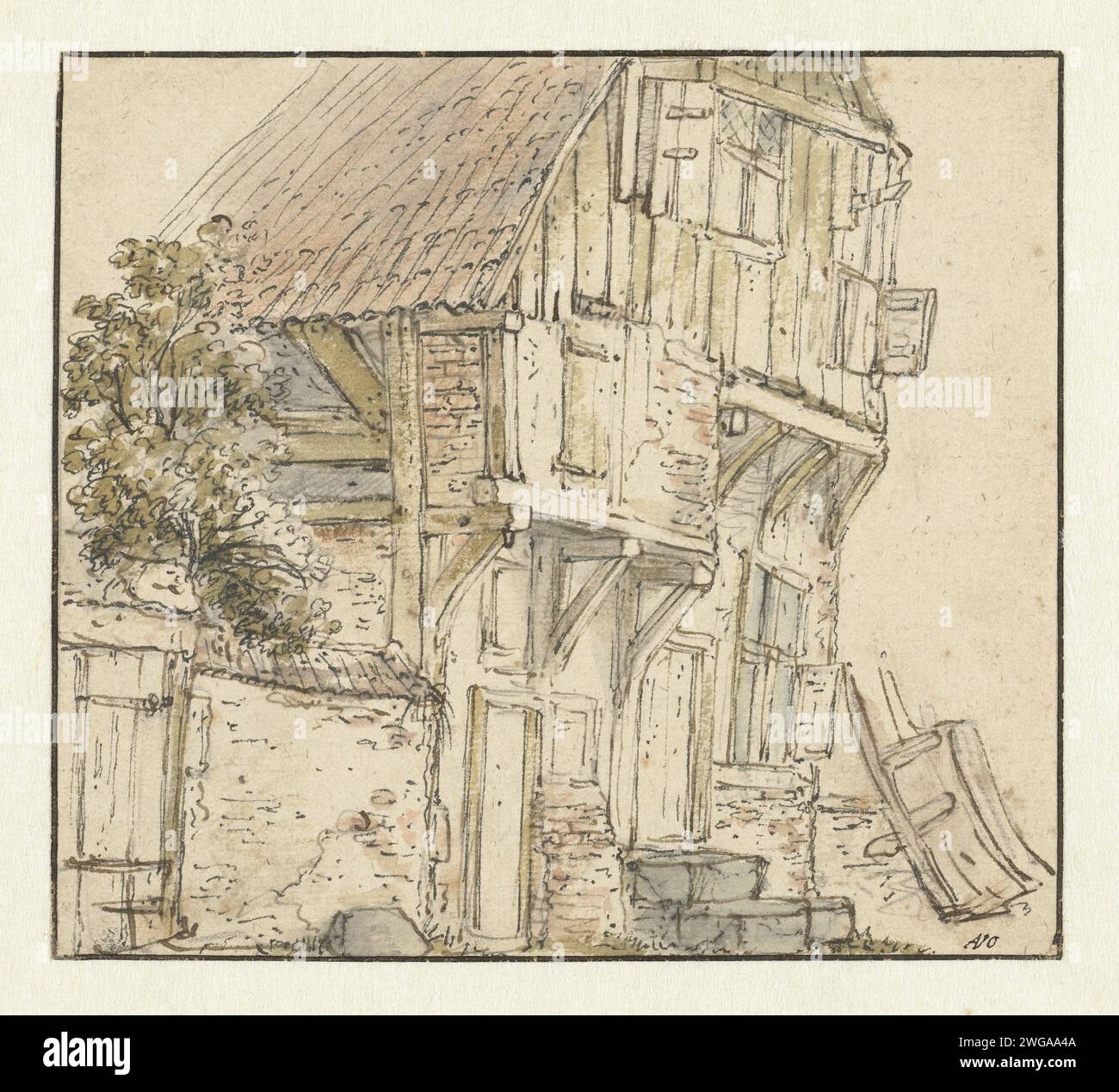 Boerenhuis, Isaac van Ostade, 1631 - 1649 dessin Maison de ferme avec un mur de jardin sur la gauche et une voiture sur la droite. papier. aquarelle (peinture). encre. crayon. crayon à craie / façade en brosse (de maison ou de bâtiment). façade (de maison ou de bâtiment) Banque D'Images