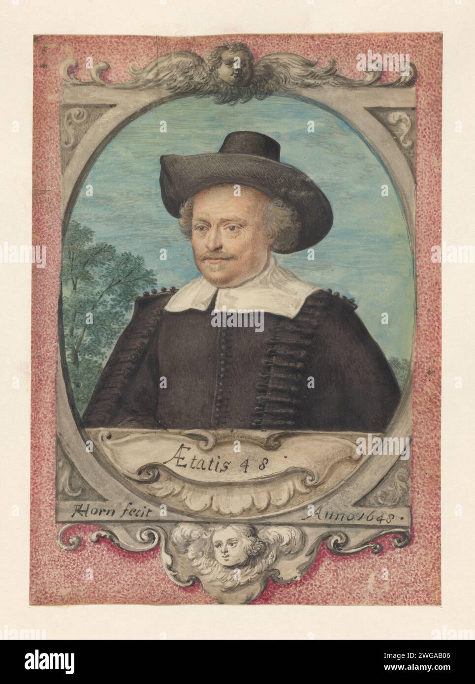 Autoportrait de Pieter Kouwenhorn (?), Pieter Kouwenhorn, 1648 dessin parchemin (matériel animal) brosse des personnages historiques. portrait, autoportrait de peintre. artiste de vitrail. portrait, autoportrait d'artiste Banque D'Images
